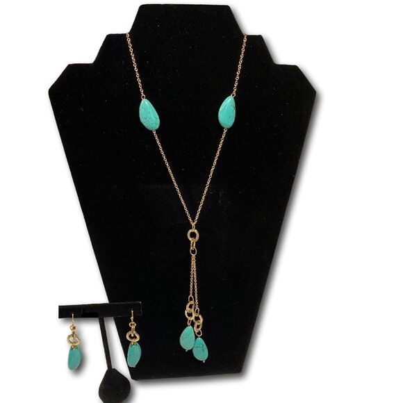 Long 15 1/2" Faux Turquoise Necklace with Matching Earrings - Picture 1 of 2